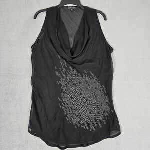 Eileen Fisher Sleeveless Tunic Top Womens Large Black Silk Embroidered Cowl Neck